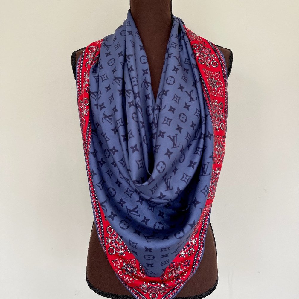 Louis Vuitton Wrap Monogram Logo Oversize Square Blue Silk Scarf - Picture 8 of 16